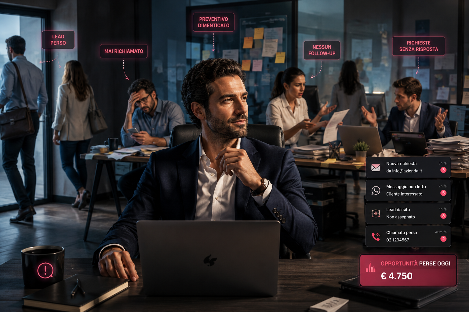 Ufficio al tramonto: lead non richiamati, preventivi dimenticati e follow-up mancanti segnalati in neon magenta, con il conto finale delle opportunità perse.