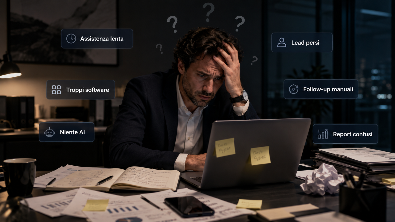 Imprenditore stressato al buio circondato da lead persi, follow-up manuali, troppi software, assistenza lenta, niente AI e report confusi.
