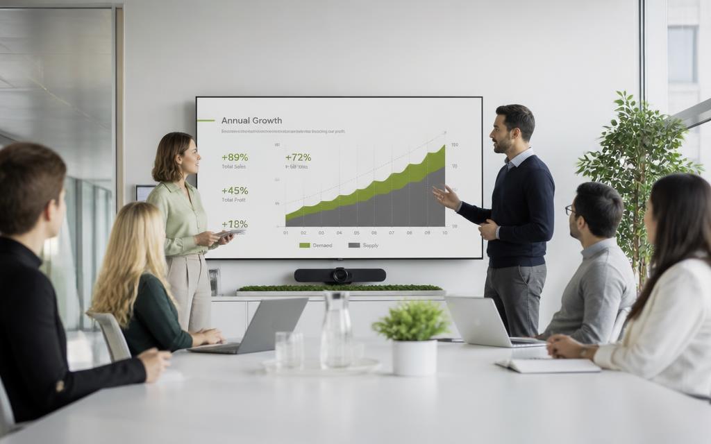 Riunione strategica con grafici di crescita su schermo